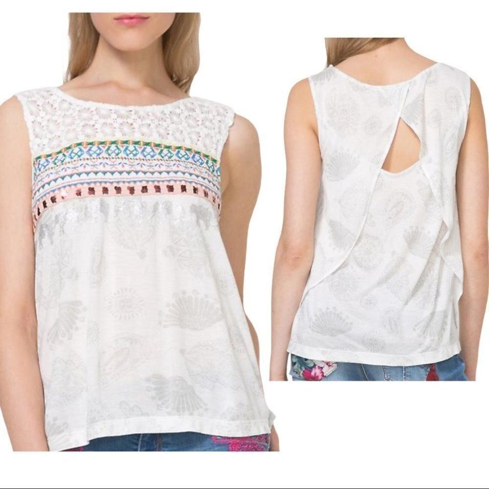 Desigual Women's M Ken Embroidered Sleeveless Top Open Back Elephant Sequin Lace